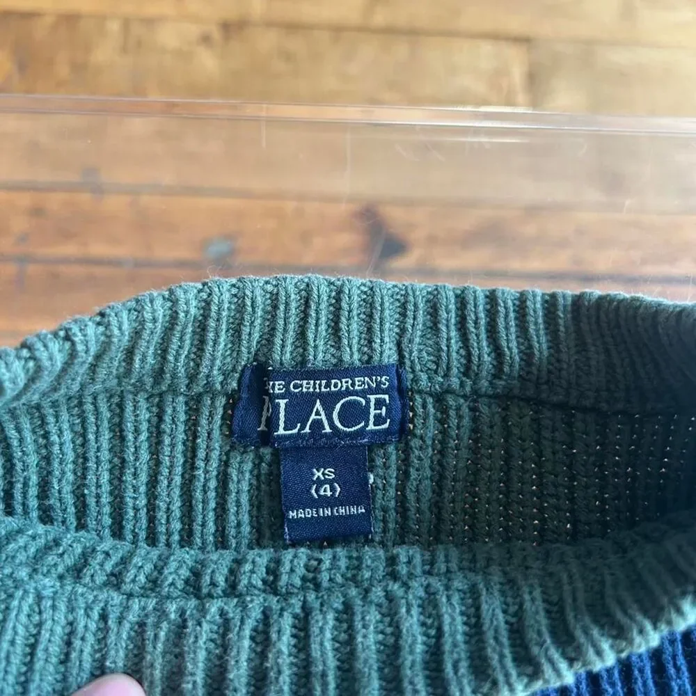 The Children's Place Boys Ribbed Striped Crewneck Sweater Green Navy Cream XS 4
